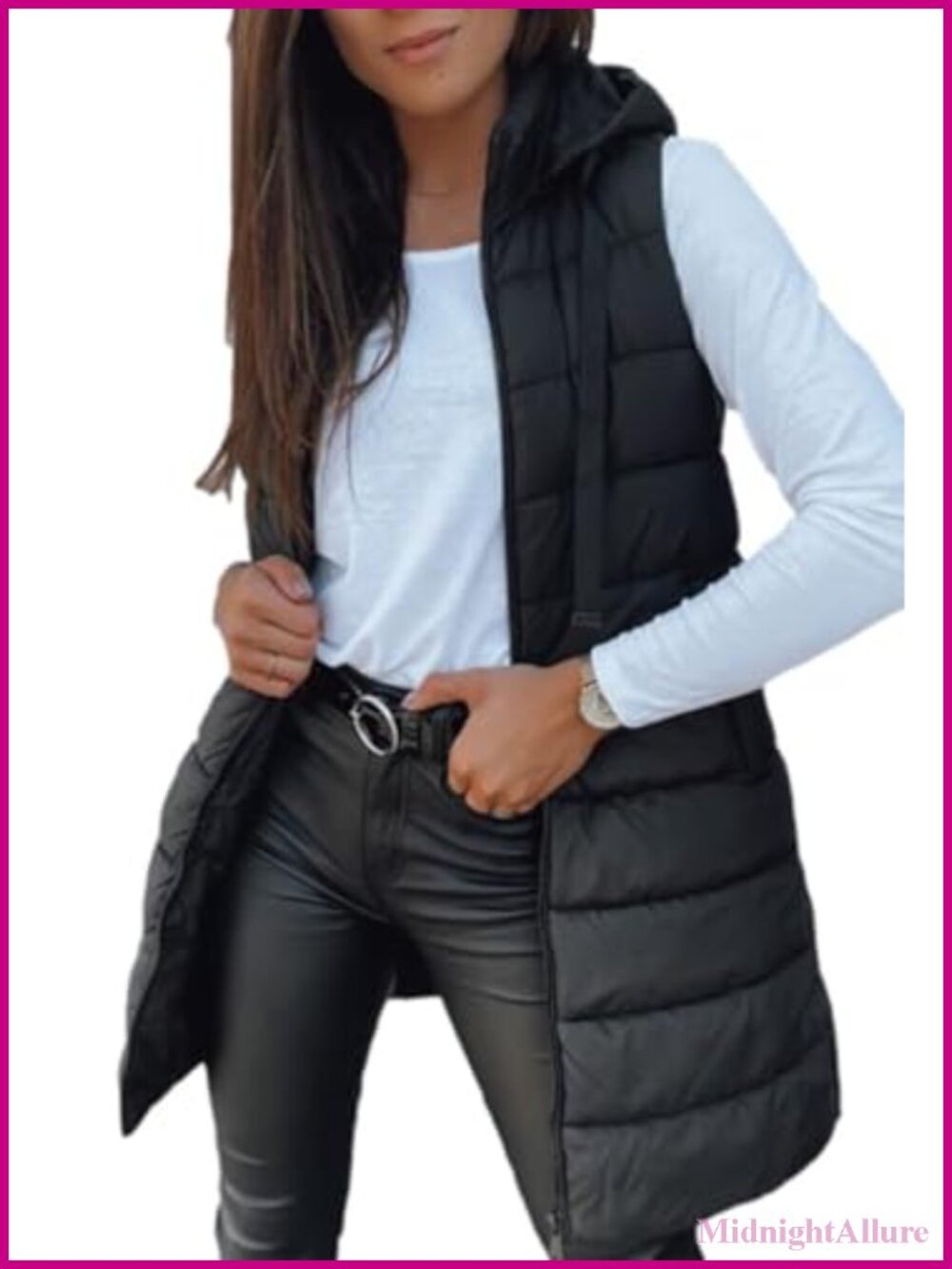 Women's Long Puffer Vest Sleeveless Hooded Lightweight Winter Outerwear